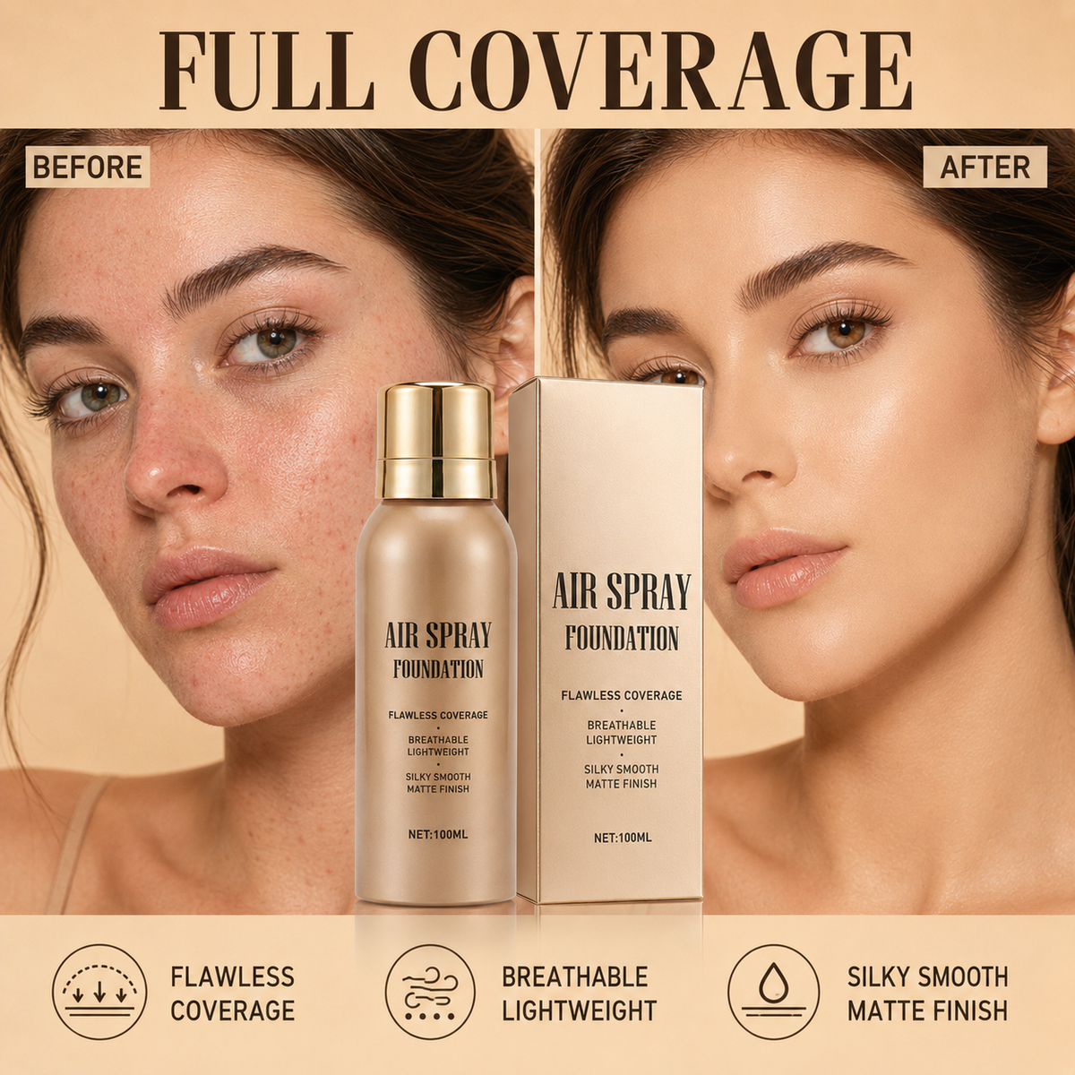 💄50% DI SCONTO ORA! Fondotinta Spray Air Flawless Impermeabile – Makeup Spray Leggero, Traspirante e ad Alta Coprenza, Effetto Opaco Naturale, Fondotinta Spray Airbrush per Tutti gli Incarnati