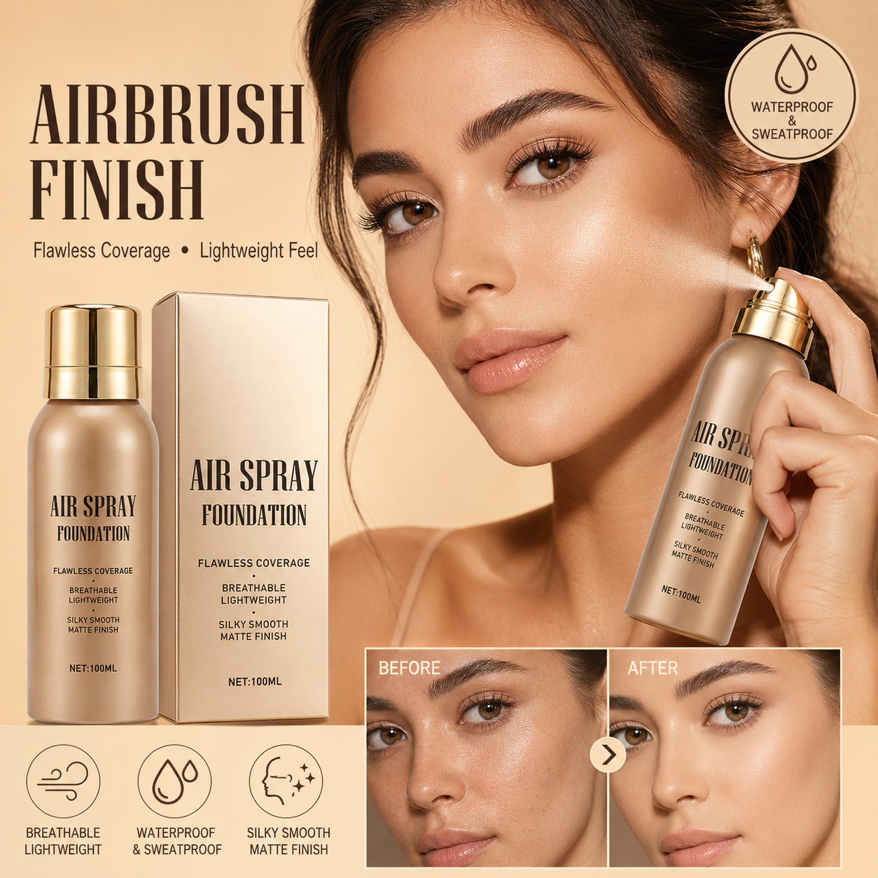 💄50% DI SCONTO ORA! Fondotinta Spray Air Flawless Impermeabile – Makeup Spray Leggero, Traspirante e ad Alta Coprenza, Effetto Opaco Naturale, Fondotinta Spray Airbrush per Tutti gli Incarnati