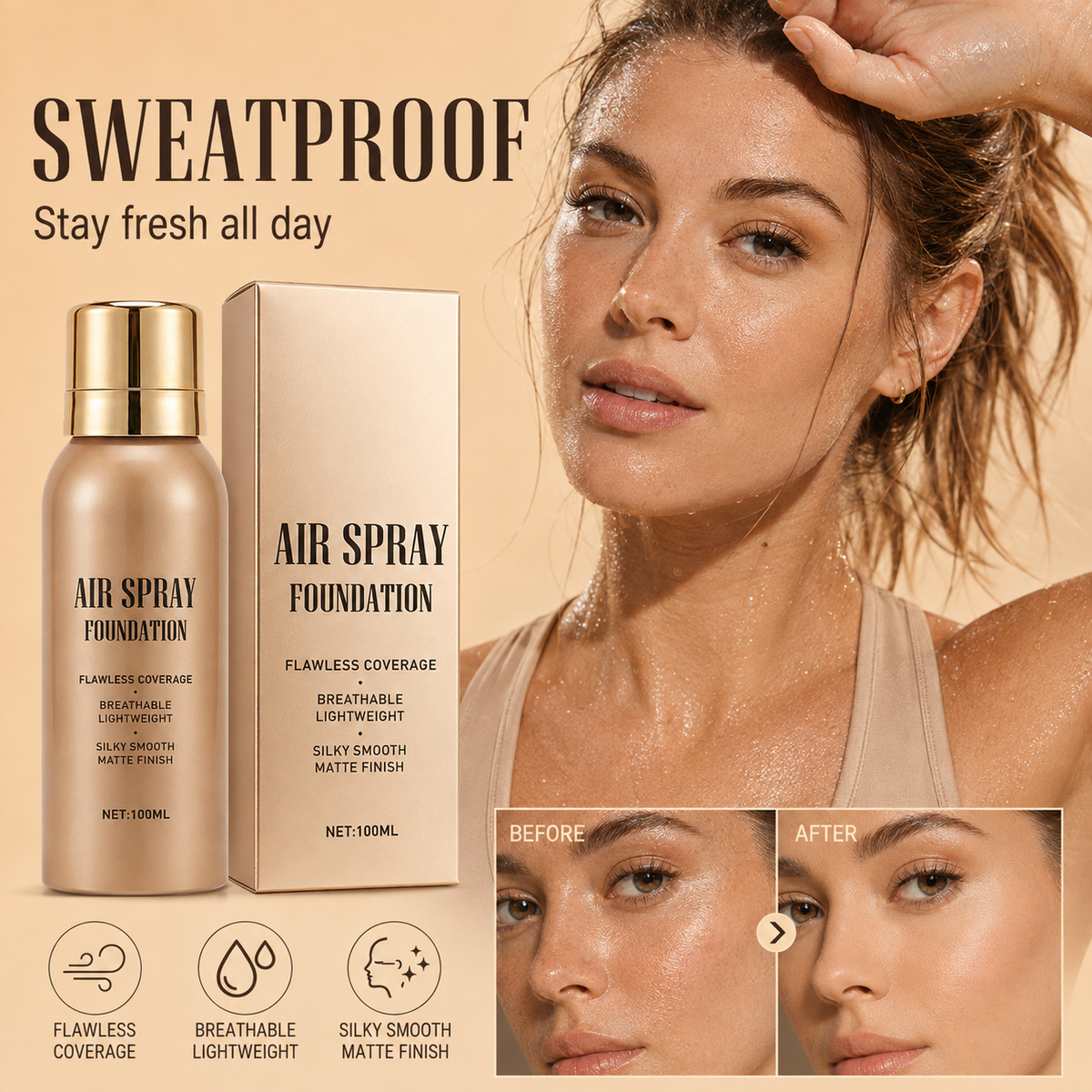 💄50% DI SCONTO ORA! Fondotinta Spray Air Flawless Impermeabile – Makeup Spray Leggero, Traspirante e ad Alta Coprenza, Effetto Opaco Naturale, Fondotinta Spray Airbrush per Tutti gli Incarnati