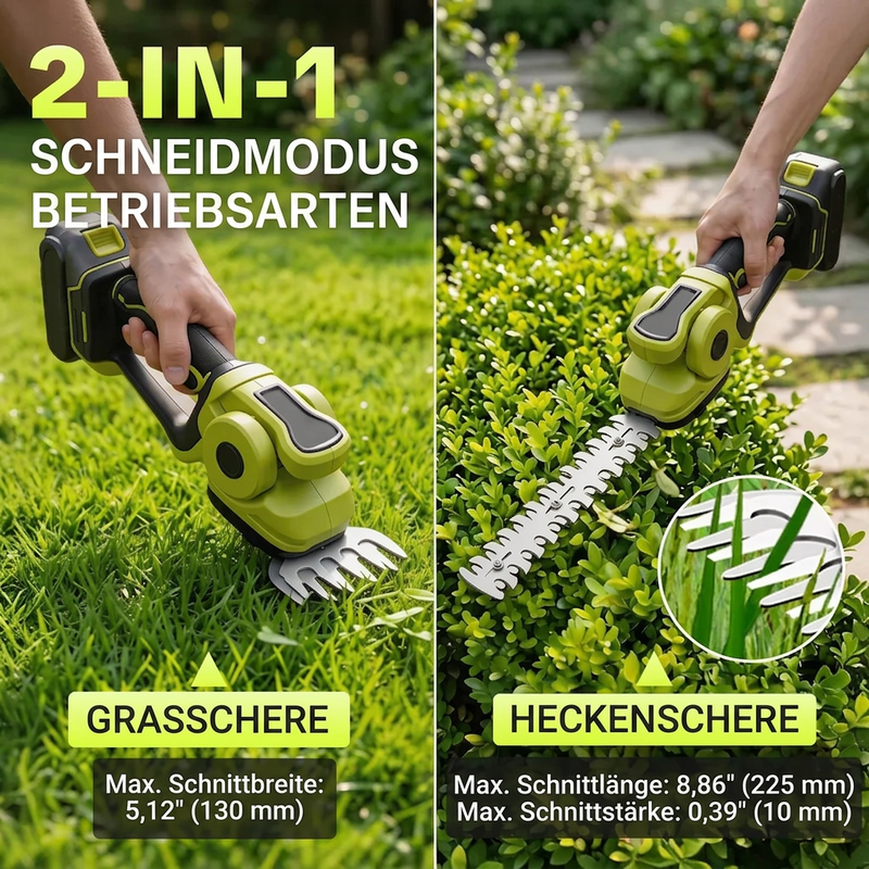 ✂️ 🌳 Akkukäyttöinen pensas- ja ruohosaksi — 2-in-1, 45 astetta kääntyvä pää, 0,9 kg