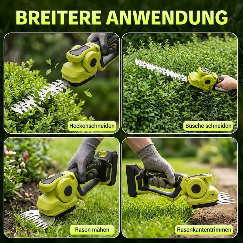 ✂️ 🌳 Akkukäyttöinen pensas- ja ruohosaksi — 2-in-1, 45 astetta kääntyvä pää, 0,9 kg