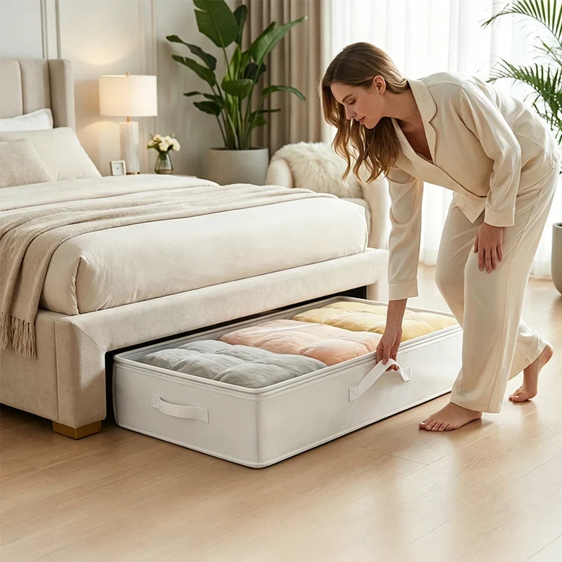 🛏️✨ Borsa portaoggetti pieghevole sotto il letto – Dì Addio al disordine e al poco spazio in camera! 🚫 Coperchio trasparente, chiusura sigillata antipolvere e maniglie rinforzate 🧺