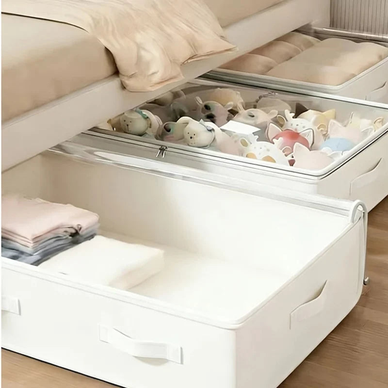 🛏️✨ Borsa portaoggetti pieghevole sotto il letto – Dì Addio al disordine e al poco spazio in camera! 🚫 Coperchio trasparente, chiusura sigillata antipolvere e maniglie rinforzate 🧺