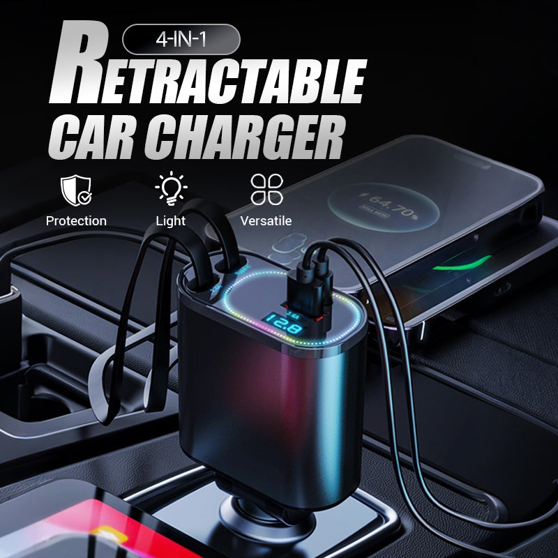 🥳2026 BESTSELLER🚗 Caricabatterie da auto retrattile 4-in-1. Cavi retrattili integrati, ricarica rapida, compatibile con diversi dispositivi. Compatto, non ingombra, perfetto per ricaricare telefoni in viaggio in auto.