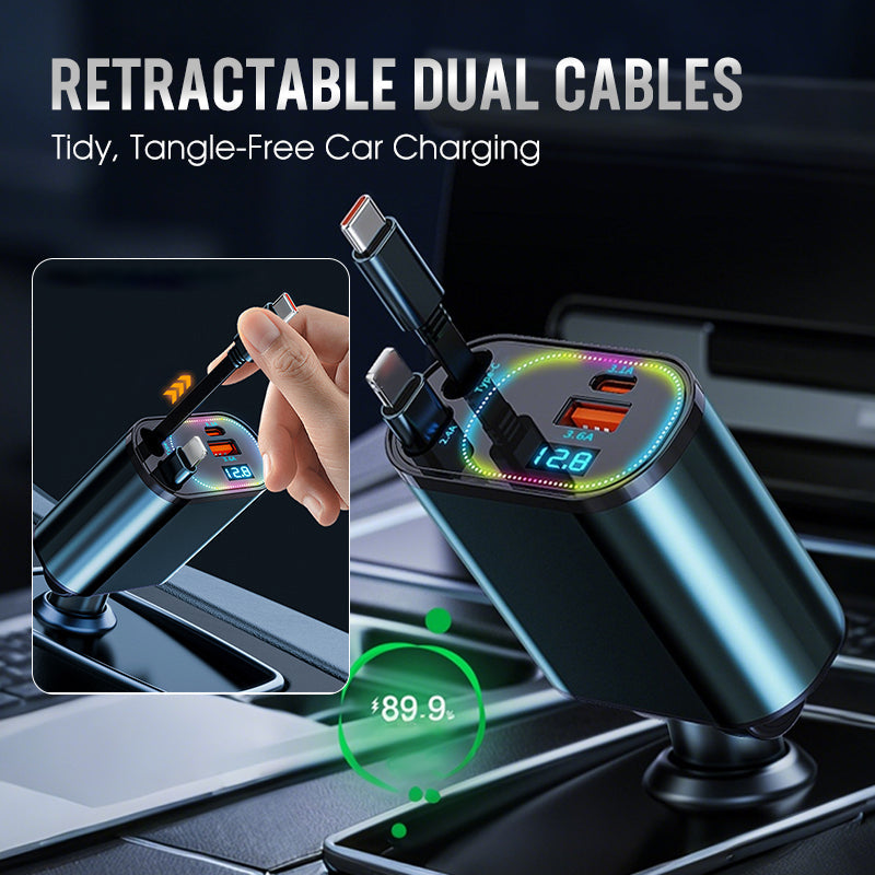 🥳2026 BESTSELLER🚗 Caricabatterie da auto retrattile 4-in-1. Cavi retrattili integrati, ricarica rapida, compatibile con diversi dispositivi. Compatto, non ingombra, perfetto per ricaricare telefoni in viaggio in auto.
