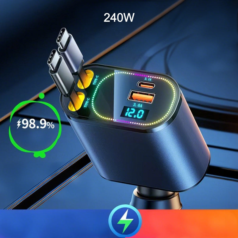 🥳2026 BESTSELLER🚗 Caricabatterie da auto retrattile 4-in-1. Cavi retrattili integrati, ricarica rapida, compatibile con diversi dispositivi. Compatto, non ingombra, perfetto per ricaricare telefoni in viaggio in auto.
