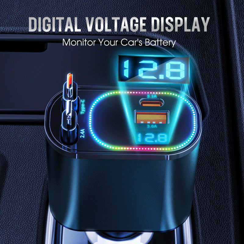 🥳2026 BESTSELLER🚗 Caricabatterie da auto retrattile 4-in-1. Cavi retrattili integrati, ricarica rapida, compatibile con diversi dispositivi. Compatto, non ingombra, perfetto per ricaricare telefoni in viaggio in auto.