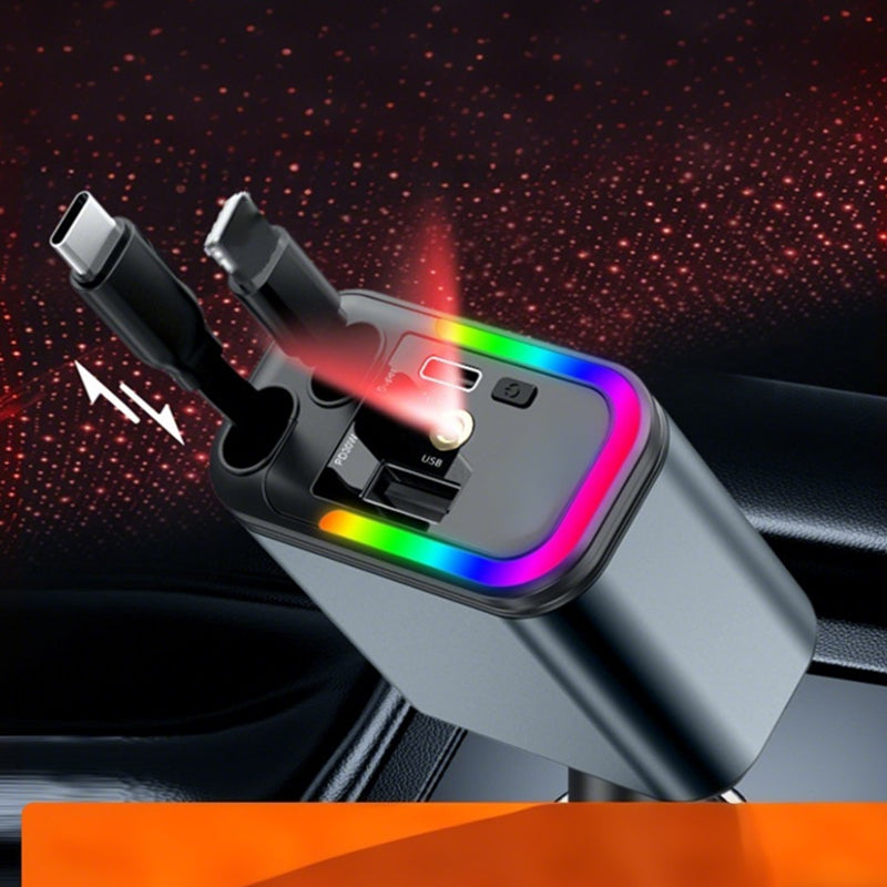 🥳2026 BESTSELLER🚗 Caricabatterie da auto retrattile 4-in-1. Cavi retrattili integrati, ricarica rapida, compatibile con diversi dispositivi. Compatto, non ingombra, perfetto per ricaricare telefoni in viaggio in auto.