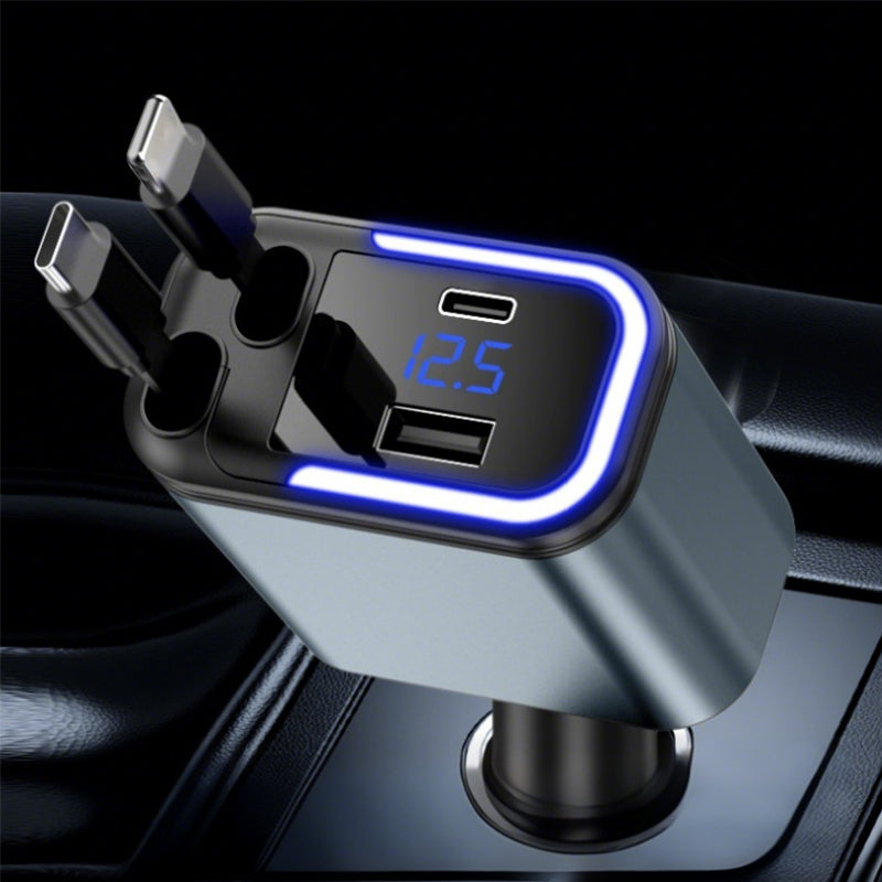 🥳2026 BESTSELLER🚗 Caricabatterie da auto retrattile 4-in-1. Cavi retrattili integrati, ricarica rapida, compatibile con diversi dispositivi. Compatto, non ingombra, perfetto per ricaricare telefoni in viaggio in auto.