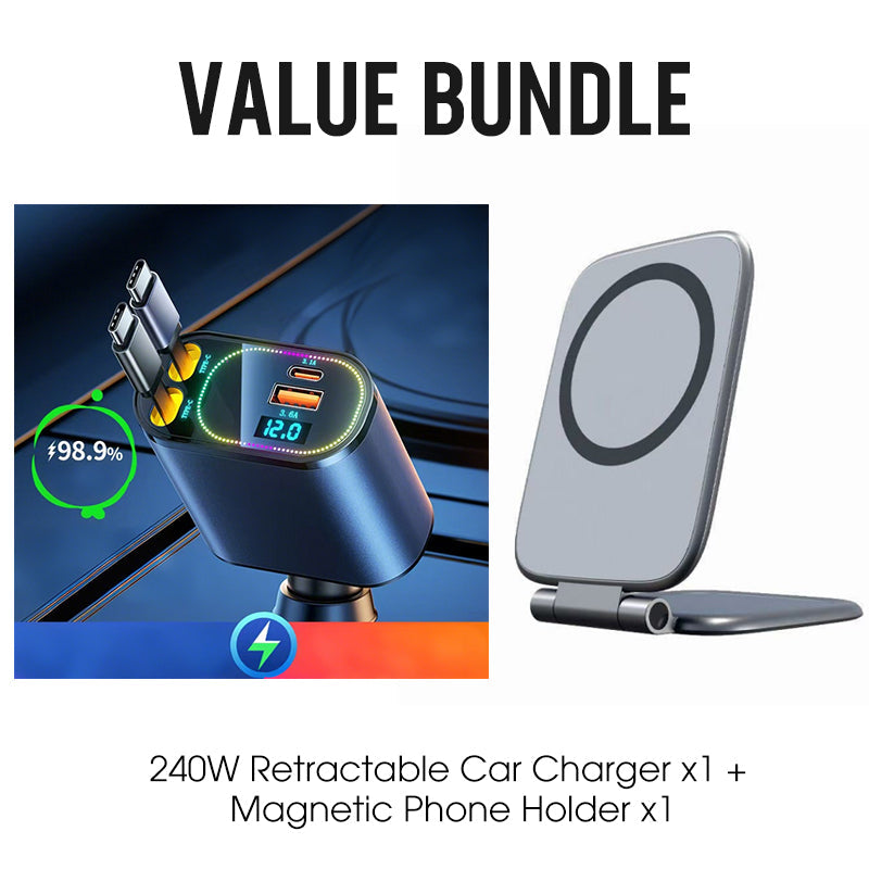 🥳2026 BESTSELLER🚗 Caricabatterie da auto retrattile 4-in-1. Cavi retrattili integrati, ricarica rapida, compatibile con diversi dispositivi. Compatto, non ingombra, perfetto per ricaricare telefoni in viaggio in auto.
