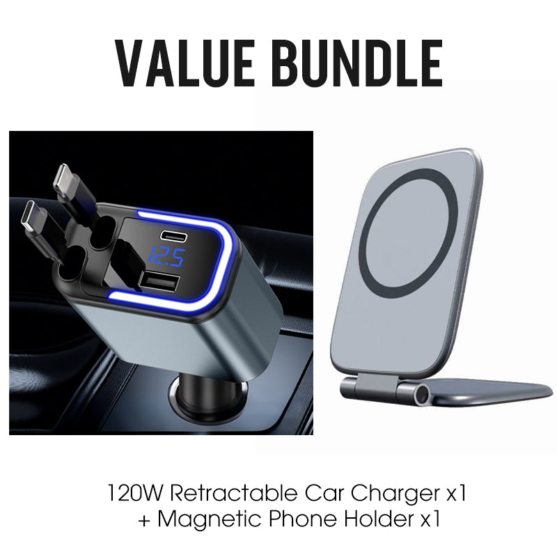 🥳2026 BESTSELLER🚗 Caricabatterie da auto retrattile 4-in-1. Cavi retrattili integrati, ricarica rapida, compatibile con diversi dispositivi. Compatto, non ingombra, perfetto per ricaricare telefoni in viaggio in auto.