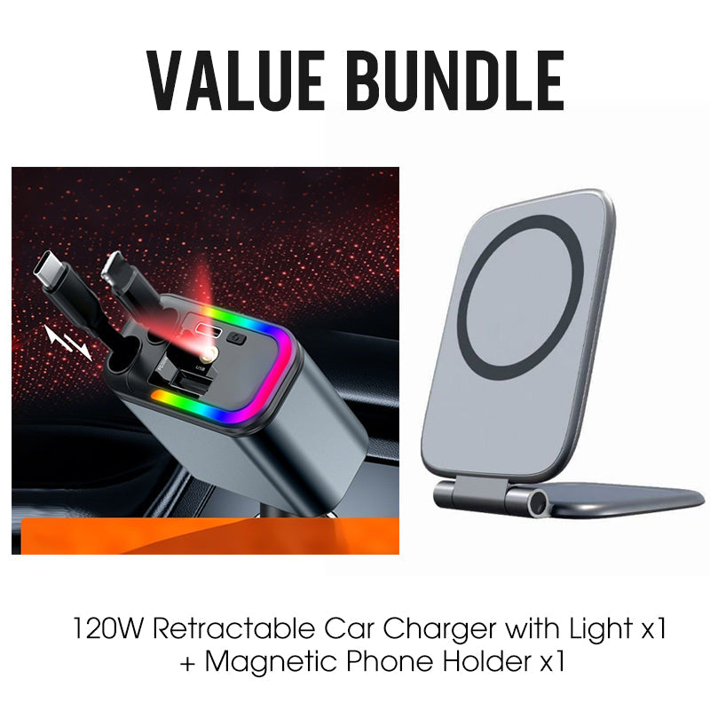🥳2026 BESTSELLER🚗 Caricabatterie da auto retrattile 4-in-1. Cavi retrattili integrati, ricarica rapida, compatibile con diversi dispositivi. Compatto, non ingombra, perfetto per ricaricare telefoni in viaggio in auto.