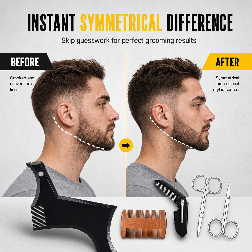 ✨Modello per definire la barba facile da usare🧔Aiuta a creare contorni simmetrici e puliti per la barba a casa. Leggero e flessibile, si adatta al volto. Permette di rifinire baffi, basette e linea della mascella senza errori.