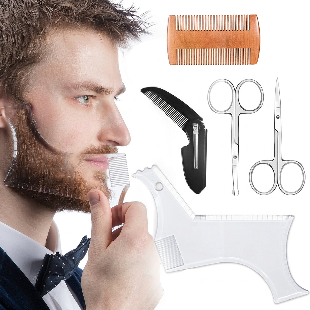 ✨Modello per definire la barba facile da usare🧔Aiuta a creare contorni simmetrici e puliti per la barba a casa. Leggero e flessibile, si adatta al volto. Permette di rifinire baffi, basette e linea della mascella senza errori.