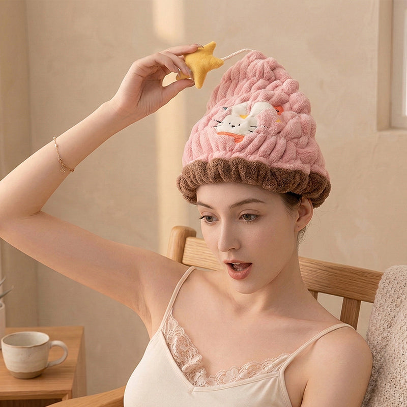 🛁Cuffia asciugacapelli con animaletti✨Tessuto felpato super assorbente, riduce i tempi di asciugatura e protegge i capelli dal calore del phon. Sicura senza formaldeide, non scivola mentre ti muovi.