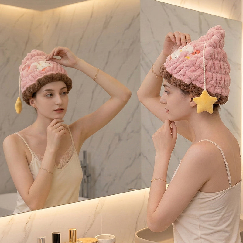 🛁Cuffia asciugacapelli con animaletti✨Tessuto felpato super assorbente, riduce i tempi di asciugatura e protegge i capelli dal calore del phon. Sicura senza formaldeide, non scivola mentre ti muovi.