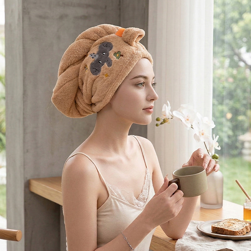 🛁Cuffia asciugacapelli con animaletti✨Tessuto felpato super assorbente, riduce i tempi di asciugatura e protegge i capelli dal calore del phon. Sicura senza formaldeide, non scivola mentre ti muovi.