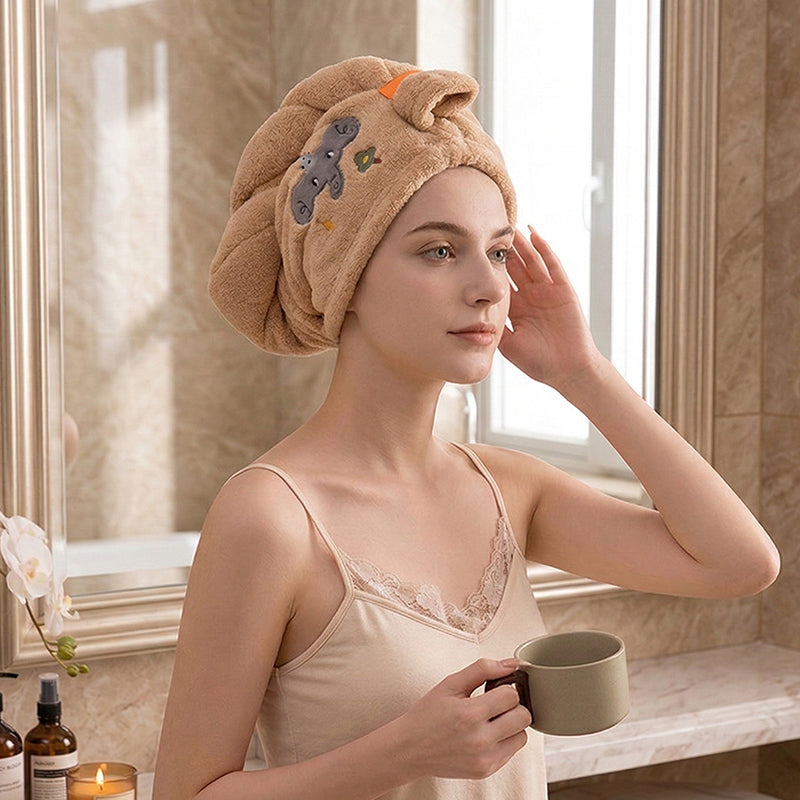 🛁Cuffia asciugacapelli con animaletti✨Tessuto felpato super assorbente, riduce i tempi di asciugatura e protegge i capelli dal calore del phon. Sicura senza formaldeide, non scivola mentre ti muovi.