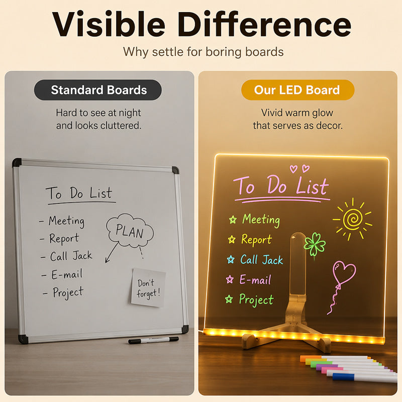 ✨Lavagna luminosa in acrilico con LED luce calda💡Superficie trasparente, scrittura scorrevole con pennarelli a gesso liquido. Multiuso: disegni per bambini, note sulla scrivania, luce notturna. Alimentazione USB, include 7 pennarelli colorati✅