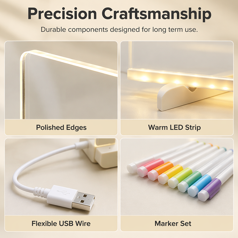 ✨Lavagna luminosa in acrilico con LED luce calda💡Superficie trasparente, scrittura scorrevole con pennarelli a gesso liquido. Multiuso: disegni per bambini, note sulla scrivania, luce notturna. Alimentazione USB, include 7 pennarelli colorati✅
