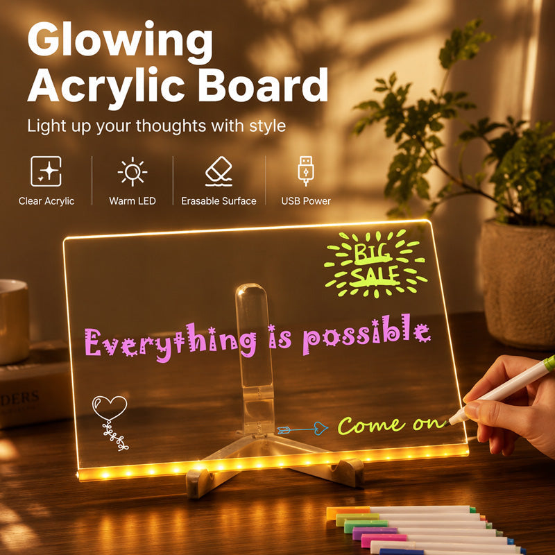 ✨Lavagna luminosa in acrilico con LED luce calda💡Superficie trasparente, scrittura scorrevole con pennarelli a gesso liquido. Multiuso: disegni per bambini, note sulla scrivania, luce notturna. Alimentazione USB, include 7 pennarelli colorati✅