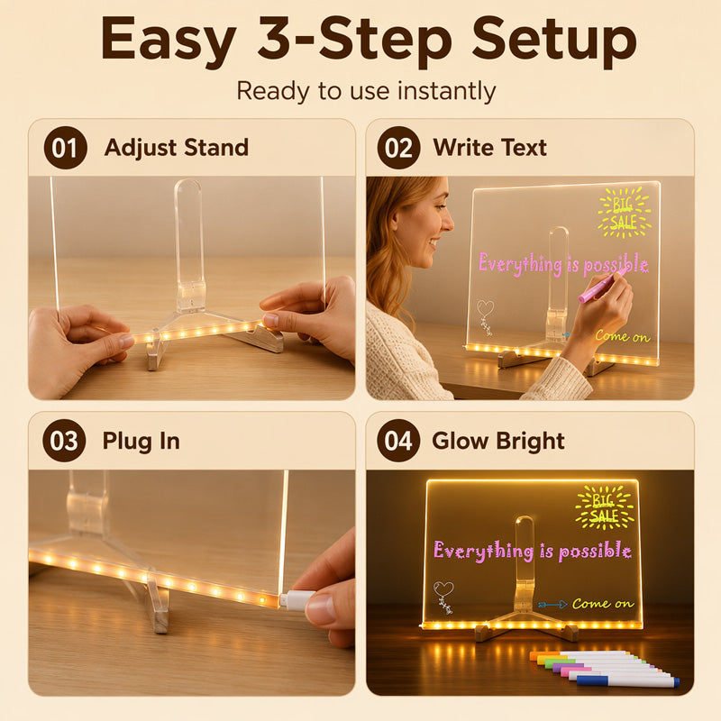 ✨Lavagna luminosa in acrilico con LED luce calda💡Superficie trasparente, scrittura scorrevole con pennarelli a gesso liquido. Multiuso: disegni per bambini, note sulla scrivania, luce notturna. Alimentazione USB, include 7 pennarelli colorati✅