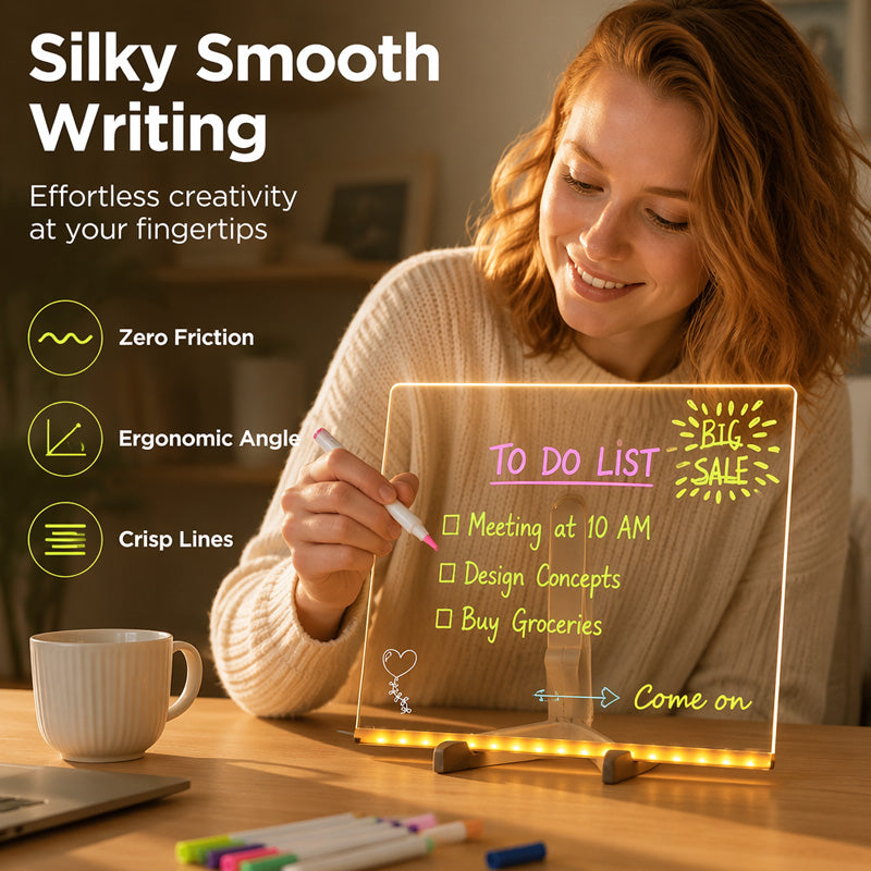 ✨Lavagna luminosa in acrilico con LED luce calda💡Superficie trasparente, scrittura scorrevole con pennarelli a gesso liquido. Multiuso: disegni per bambini, note sulla scrivania, luce notturna. Alimentazione USB, include 7 pennarelli colorati✅