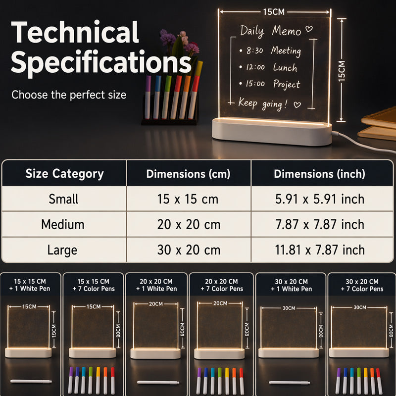 ✨Lavagna luminosa in acrilico con LED luce calda💡Superficie trasparente, scrittura scorrevole con pennarelli a gesso liquido. Multiuso: disegni per bambini, note sulla scrivania, luce notturna. Alimentazione USB, include 7 pennarelli colorati✅