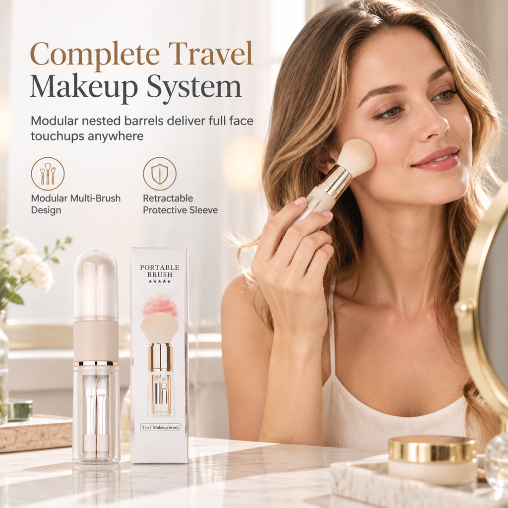 Set di pennelli trucco retrattili 5 in 1 da viaggio con pennelli per cipria, blush e labbra in silicone