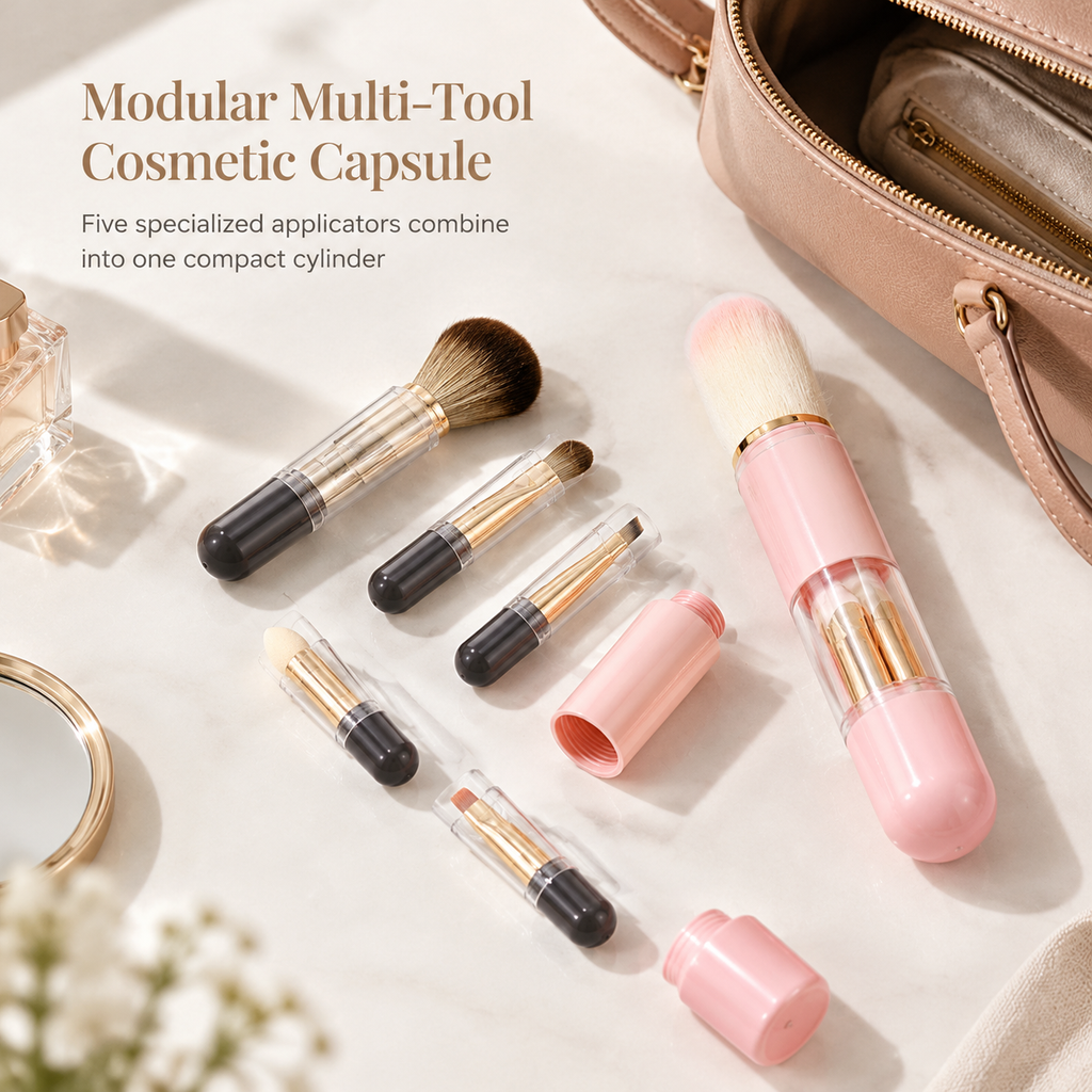 Set di pennelli trucco retrattili 5 in 1 da viaggio con pennelli per cipria, blush e labbra in silicone