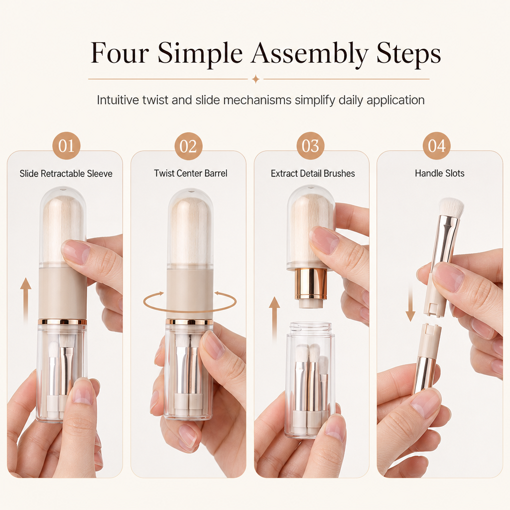 Set di pennelli trucco retrattili 5 in 1 da viaggio con pennelli per cipria, blush e labbra in silicone