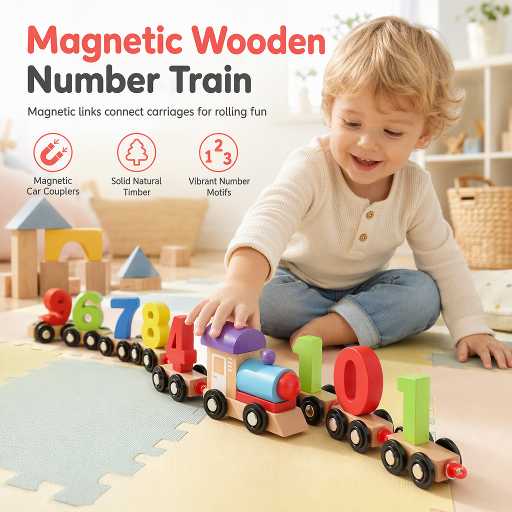 🚂✨ Trenino magnetico numerato in legno – Dì Addio a Giunti Fragili e Interruzioni di Gioco! 🚫 Unione magnetica istantanea, superficie levigata e ideale per imparare a contare 🔢