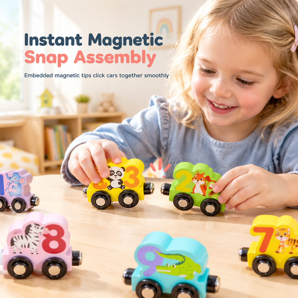 🚂✨ Trenino magnetico numerato in legno – Dì Addio a Giunti Fragili e Interruzioni di Gioco! 🚫 Unione magnetica istantanea, superficie levigata e ideale per imparare a contare 🔢