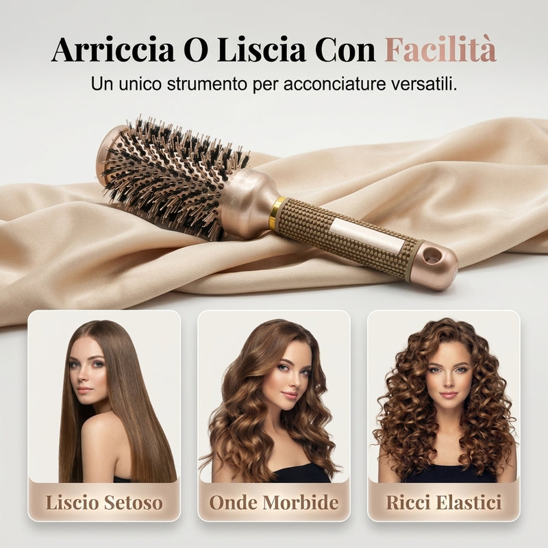 💇‍♀️ Spazzola professionale volumizzante a bocciolo: fusto ventilato per un'asciugatura rapida, impugnatura ergonomica. Solleva le radici e dona volume in soli minuti. 3 colori (grigio / caffè / oro) ✨