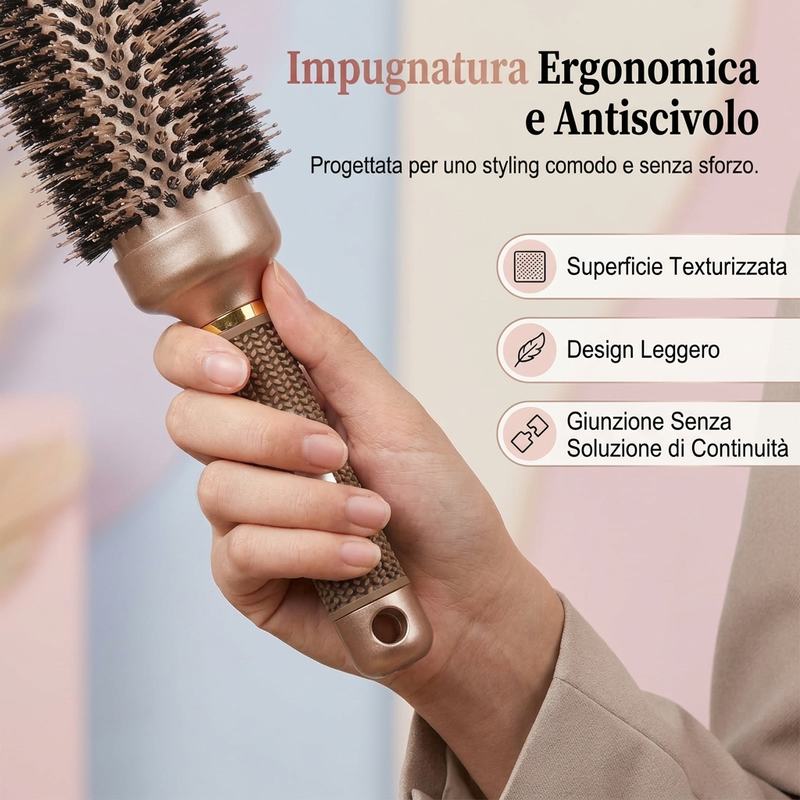 💇‍♀️ Spazzola professionale volumizzante a bocciolo: fusto ventilato per un'asciugatura rapida, impugnatura ergonomica. Solleva le radici e dona volume in soli minuti. 3 colori (grigio / caffè / oro) ✨