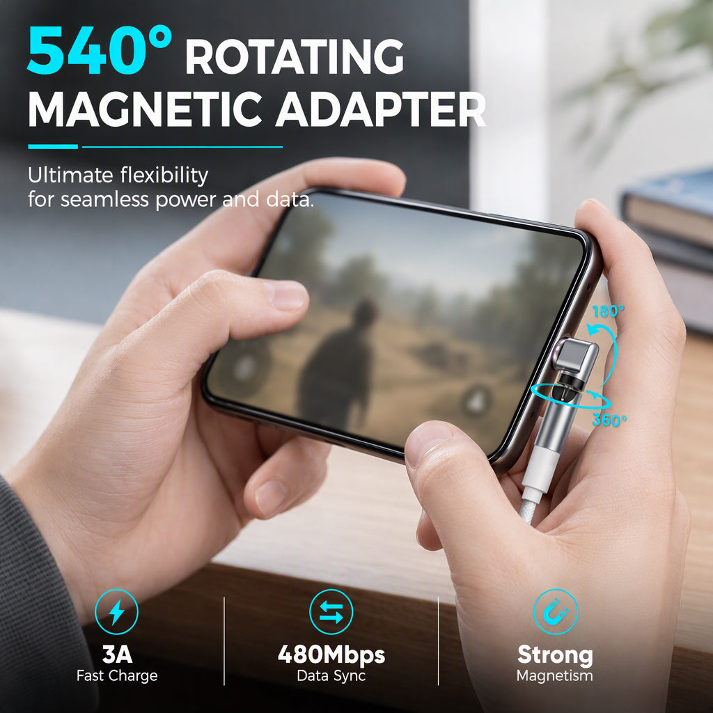 🔌✨ Adattatore di ricarica magnetico girevole 540° – Dì Addio ai Connettori Usati e ai Cavoli Scomodi! 🚫 Aggancio Automatico, Ideale per Giocare e Ricaricare Velocemente 📱