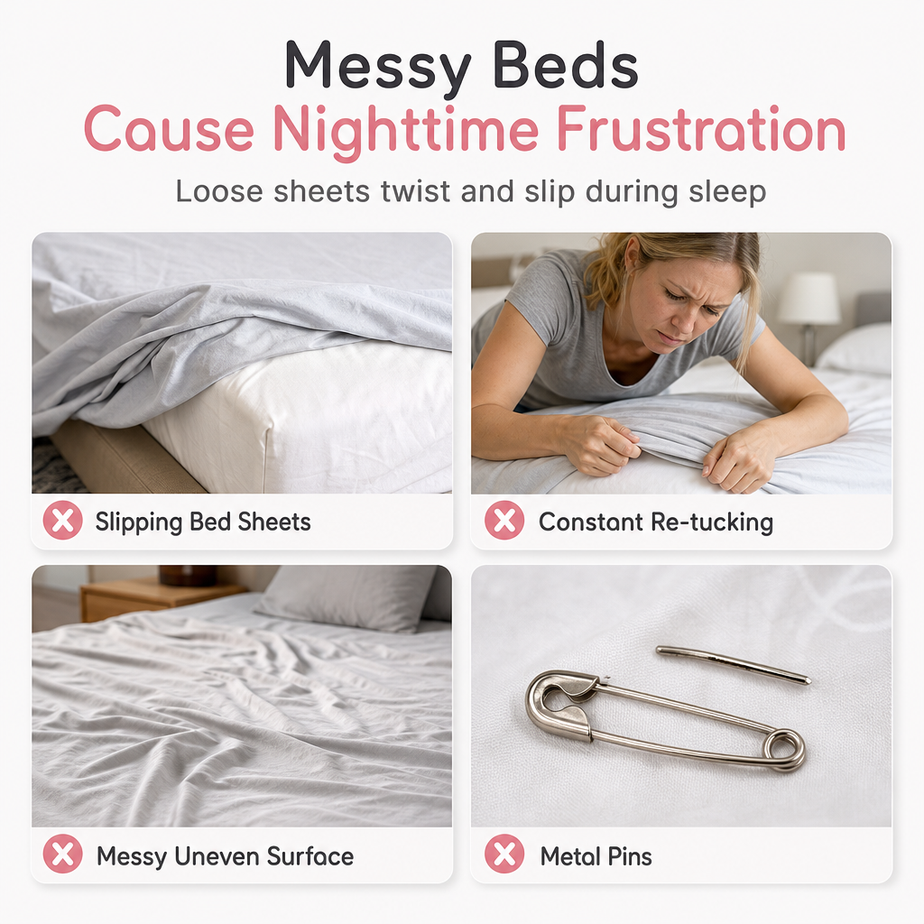 🛏️✨ Fermagli per lenzuola senza aghi – Dì Addio alle Lenzuola che si Spostano di Notte! 🚫 Sicuri, Non Forano il Tessuto e Tenuta Antiscivolo 😴