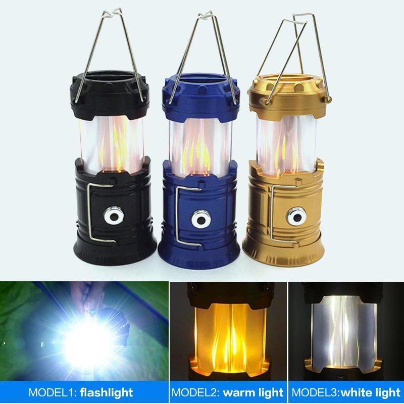 ⏰SCONTO DEL 50% ORA🏕️🔥Lanterna da campeggio retrattile 3-in-1✨Luce bianca, effetto fiamma tremolante e torcia; ricarica solare e USB. Ideale per attività all'aperto, emergenze, escursionismo, pesca e uso in tenda.