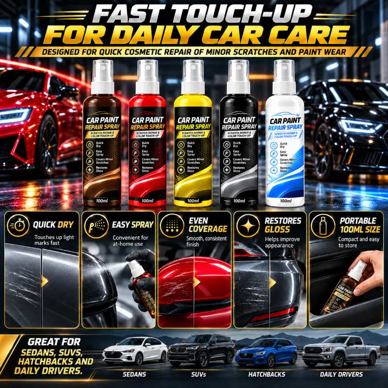 ✨ Spray ritocco vernice auto – Dì Addio ai piccoli graffi e alla vernice scrostata! 🚫 Asciugatura rapida, finitura lucida, 5 colori, applicazione semplice a spruzzo, formato portatile 🚗