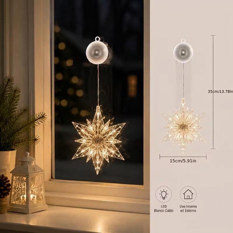❄️✨ Luci decorative a fiocco di neve con ventosa per Natale – Dì Addio a trapani, colla e cavi aggrovigliati! 🚫 2 modalità luce (bianco caldo /multicolore), alimentazione a batteria, riutilizzabili per molti anni