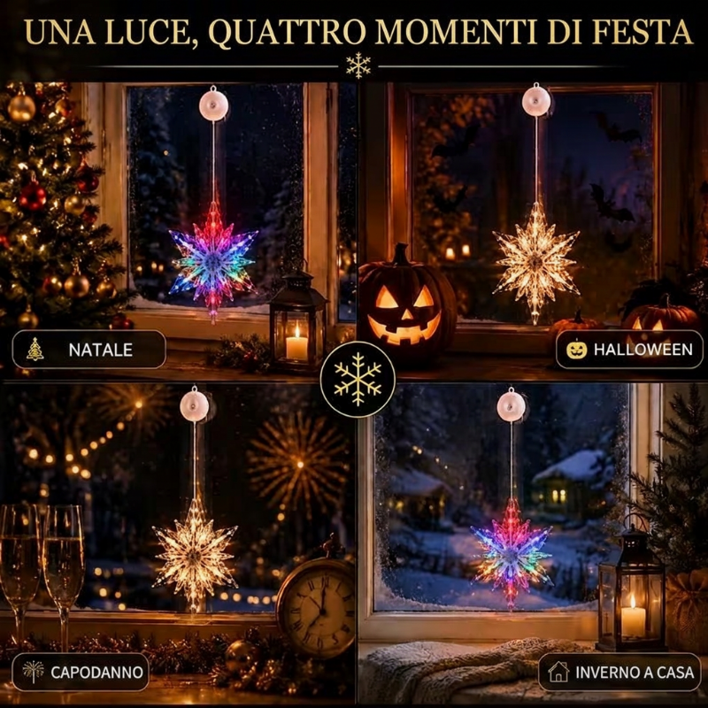 ❄️✨ Luci decorative a fiocco di neve con ventosa per Natale – Dì Addio a trapani, colla e cavi aggrovigliati! 🚫 2 modalità luce (bianco caldo /multicolore), alimentazione a batteria, riutilizzabili per molti anni