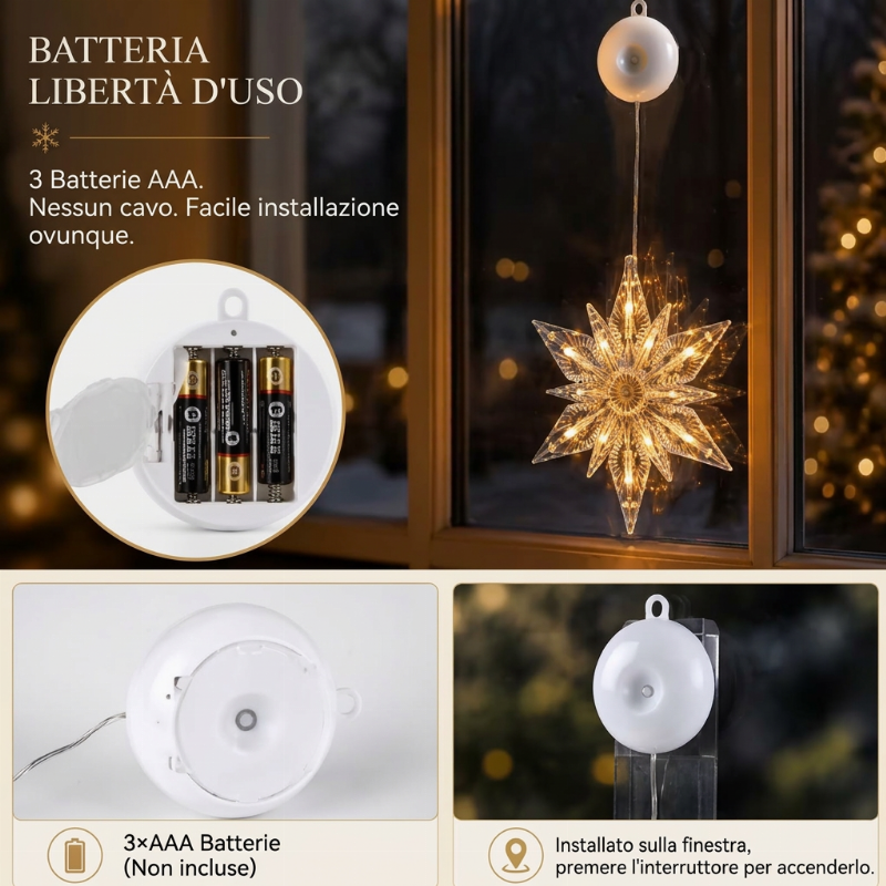 ❄️✨ Luci decorative a fiocco di neve con ventosa per Natale – Dì Addio a trapani, colla e cavi aggrovigliati! 🚫 2 modalità luce (bianco caldo /multicolore), alimentazione a batteria, riutilizzabili per molti anni