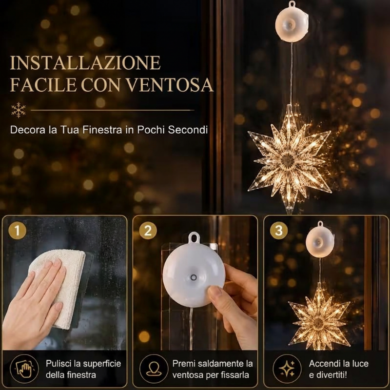 ❄️✨ Luci decorative a fiocco di neve con ventosa per Natale – Dì Addio a trapani, colla e cavi aggrovigliati! 🚫 2 modalità luce (bianco caldo /multicolore), alimentazione a batteria, riutilizzabili per molti anni