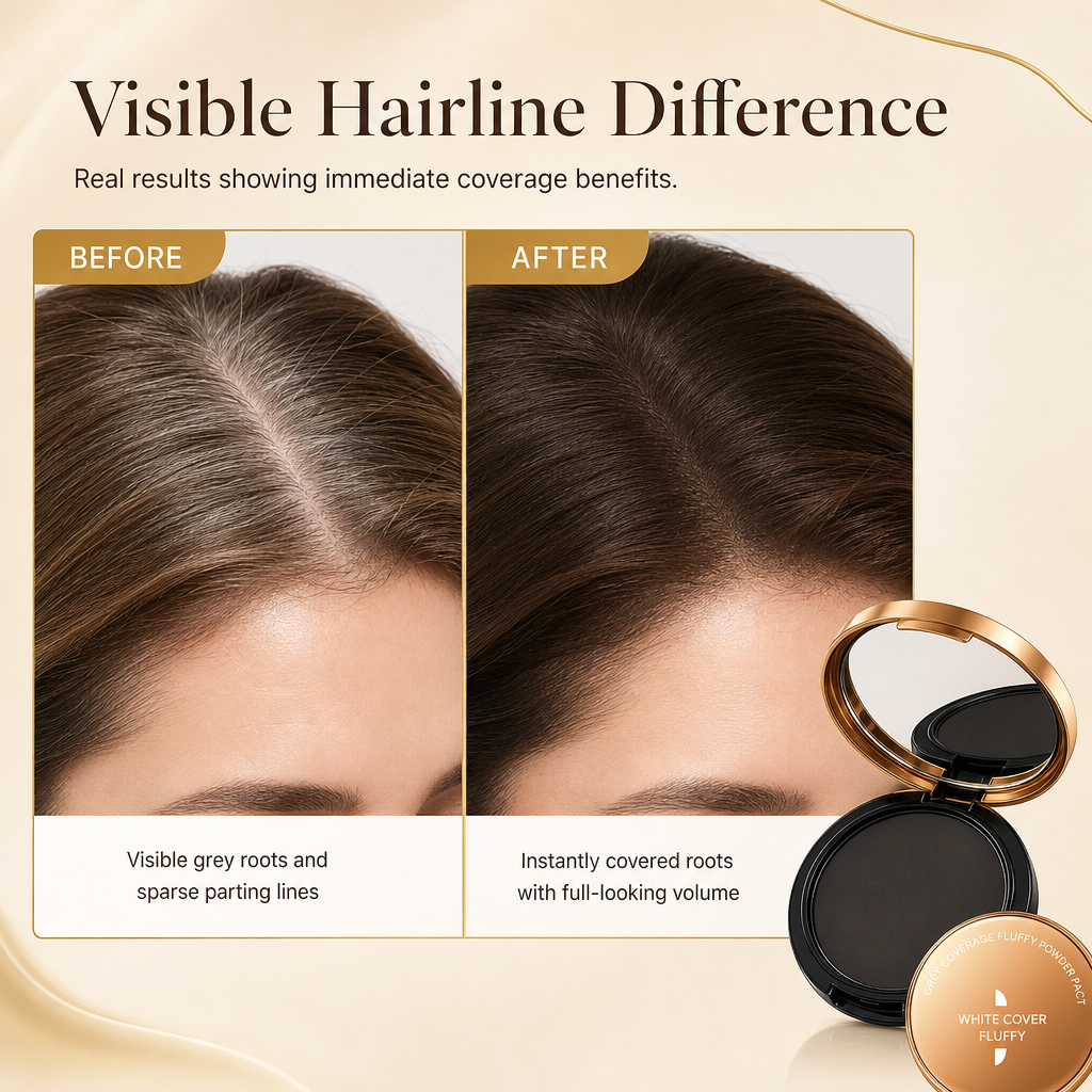 ✨ Polvere compatta per ritocco radici grigie – Dì Addio alle radici visibili e all'attaccatura diradata! 🚫 Texture fine, effetto naturale, resistente al sudore, astuccio compatto con specchio e piumino 💇
