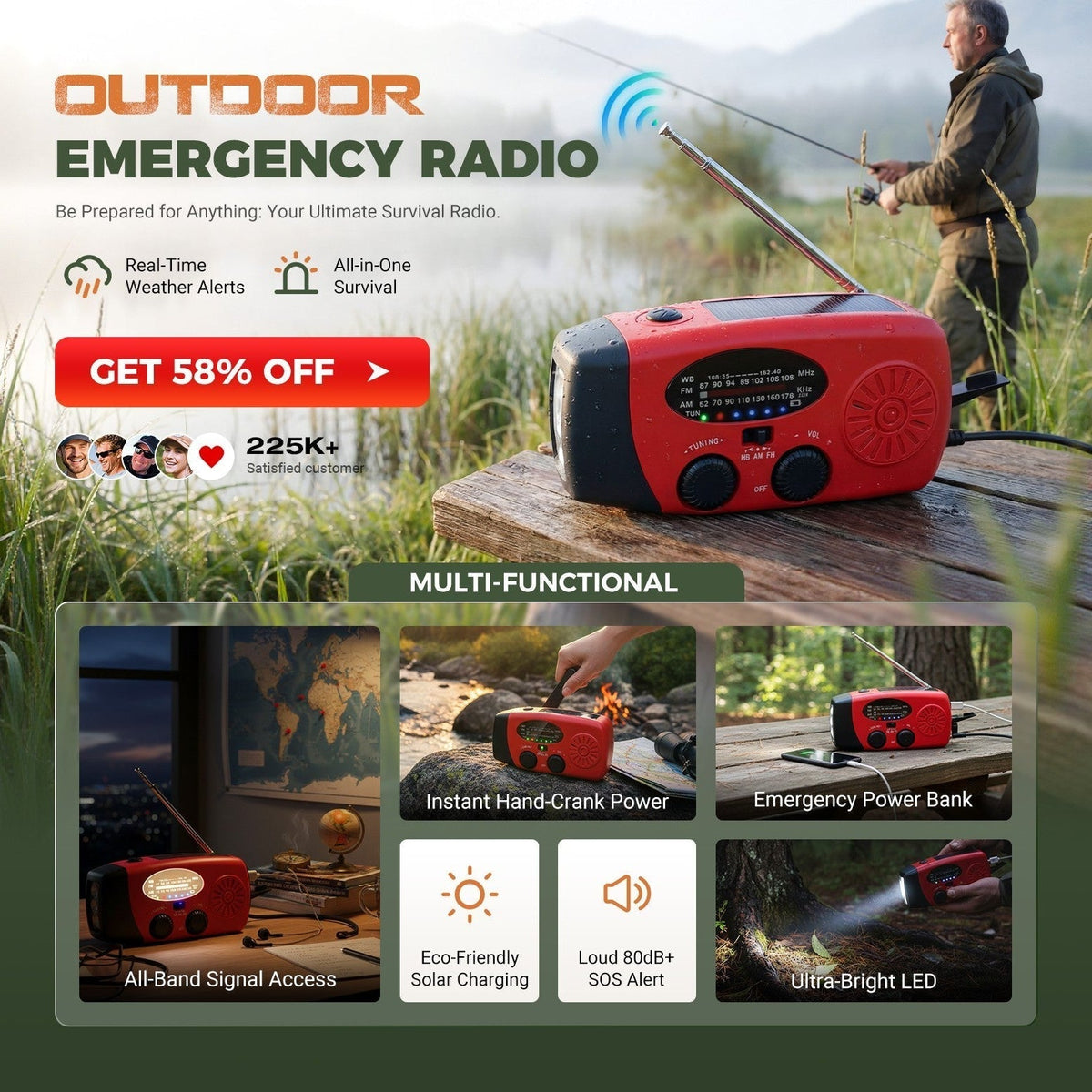 📻✨ Radio di emergenza a manovella solare – Dì Addio all'ansia per la batteria scarica all'aperto! 🚫 Multi-alimentazione, torcia LED e allerta meteo NOAA 🏕️