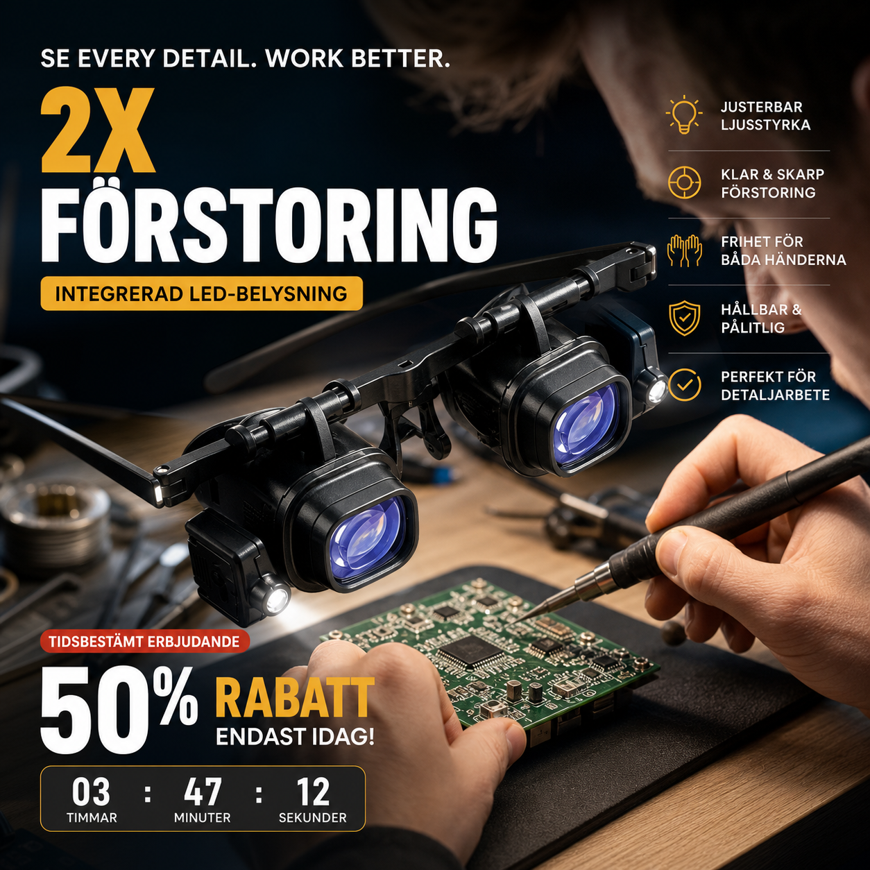 🔬 BEGRÄNSAD TID: 50 % RABATT! ✨ Precisionsglasögon med LED-förstoring – utbytbara linser, dubbla LED-lampor, handsfree 💡