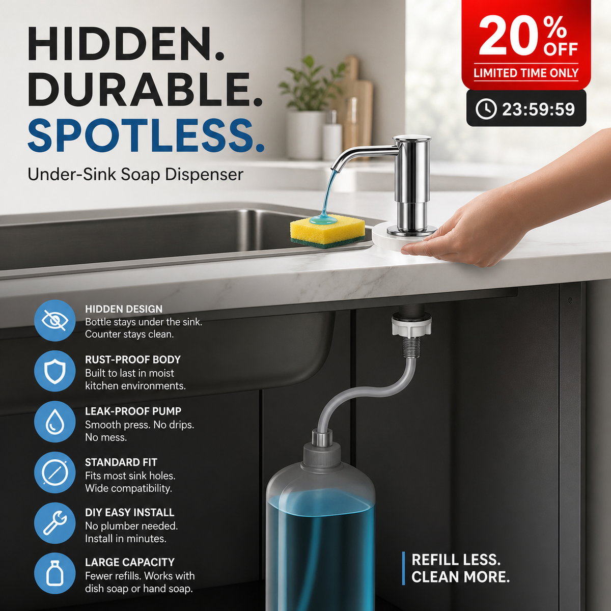⏰SCONTO DEL 50% A TEMPO LIMITATO! 🧼🚰 Basta cercare quella scomoda bottiglia di sapone: questo dispenser integrato eroga il sapone quando serve, senza ingombro né fuoriuscite. 🍽️