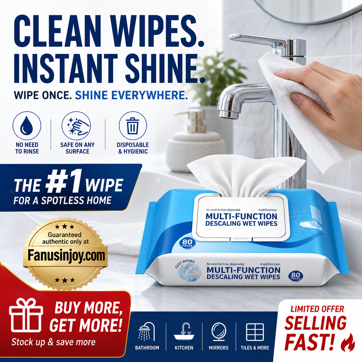 🧻 BUY 3 GET 2 FREE! Multi-Function Bathroom Descaling Cleaning Wipes – Instant Shine Disposable Limescale Remover Wipes, All-Surface Safe for Faucets, Glass, Tile & Bathroom Fixtures