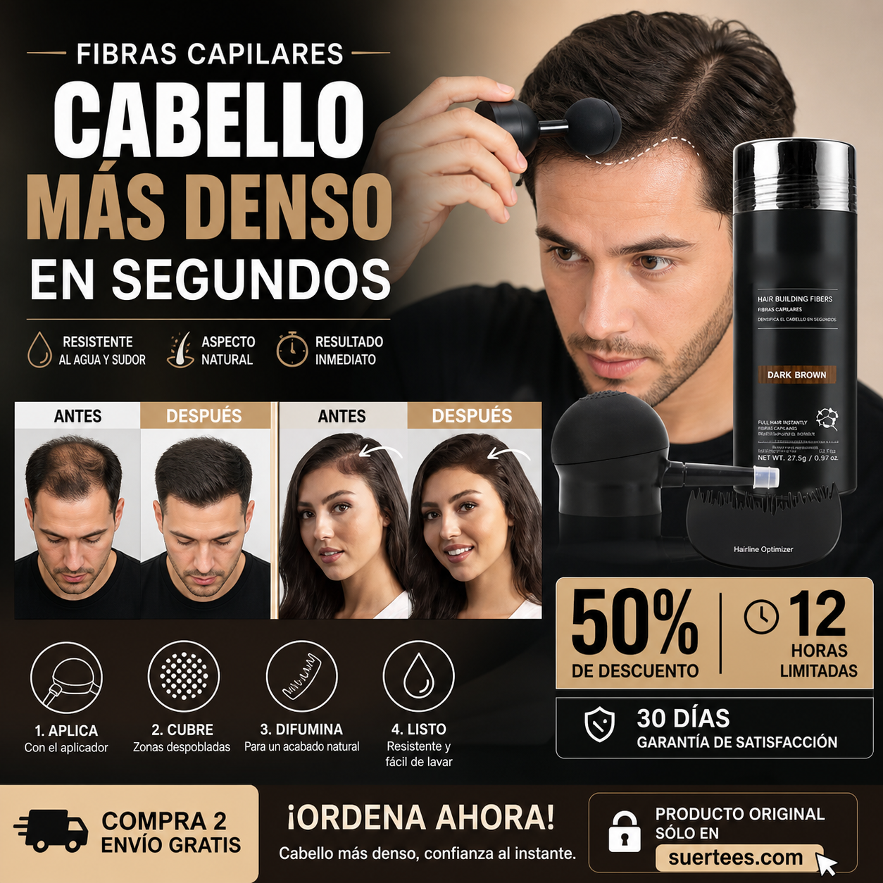 💇 Kit di fibre per infoltire i capelli, appositamente studiato per capelli diradati e zone calve – disponibile in 5 colori, impermeabile e resistente al sudore, per un look naturale immediato. Importato dalla Spagna ✨