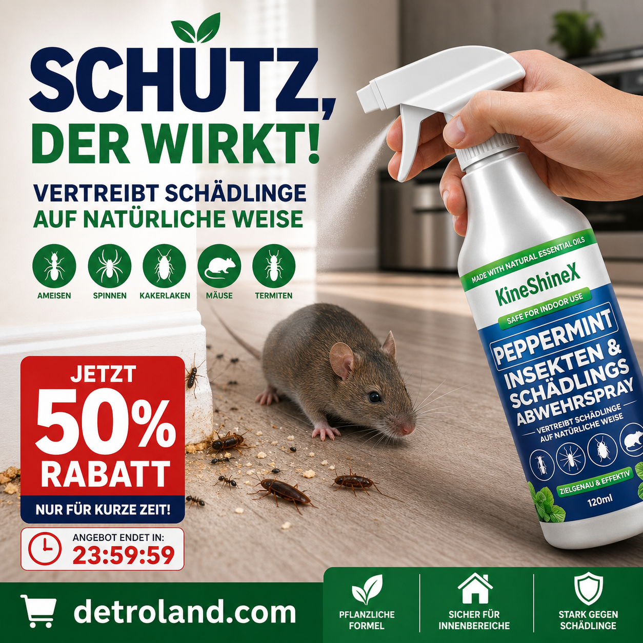 🗑️Spray Repellente per Insetti all'Olio di Menta Piperita Naturale – Massima Efficacia – Formula Profumata Sicura per Casa e Giardino